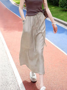 Acetate Satin High Waist Midi Skirt Womens Summer 2025 New Small Size Drapey A-Line Casual Straight Thin Skirt