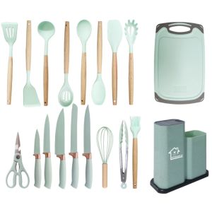 New 19-Piece Green Silicone Kitchen Utensils Set with Stainless Steel Knives and Wooden Handles