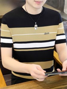 HENGYUANXIANG | Hengyuanxiang Ice Silk Knitted Short Sleeve T-Shirt Mens Round Neck Striped Breathable Summer Fashion Urban Cool Feeling Base Shirt