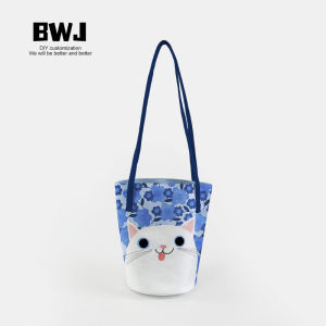  Cartoon Blue Flower Cat Portable Single Shoulder round Bottom Bucket Bag Canvas Storage Bag for Commuting Eco-Friendly