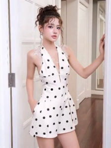 French Style Lace Border Halter Neck Slim Fit Jumpsuit Shorts