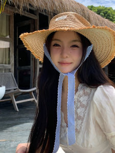French Flat Top Woven Straw Hat for Women Large Sun Protection Beach Hat for Summer by Ask Xiangfang