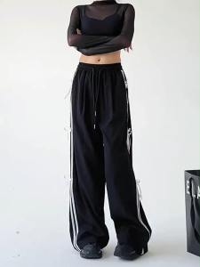 [Summer quick-drying bow wide-leg pants]กางเกงขายาวทรงกว้างเอวสูงลายทางทรงหลวมสไตล์อเมริกันฤดูร้อนสำหรับผู้หญิง