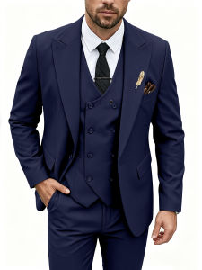 Mens 3 Piece Peak Lapel Suit Set Double Breasted Vest Matching Buttons Slim Fit Wedding Groom Size XS-3XL