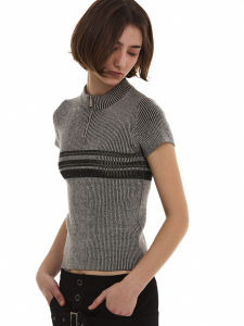 SOLWEIGE Cotton Blend Short Sleeve Knitted Shirt Zipper Collar Striped Three Bars Color Block Womens Fashion Summer Top