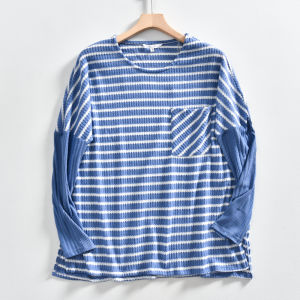 Áo Thun Dệt Kim Dài Tay Rộng Rãi Kẻ Sọc Mùa Thu Mới Cho Nữ Cổ Tròn Thường Ngày Dài Vừa Phải Polyester 96% Spandex 4%