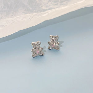 Sweet Cute Micro-Paved Pink Zircon Bear Ear Studs Fashionable Animal Shaped Earrings Korean Style  out Jewelry Accessories
