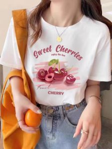 Ladies Loose Fit Short Sleeve T-Shirt White Versatile Casual Summer Top Korean Style round Neck Print Graphic Tees Fashionable