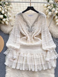 2024 Early Spring New Style: Embroidered Rhinestone V-Neck Slim Fit Short Dress with Ruffle French Bouffant Sleeve Design