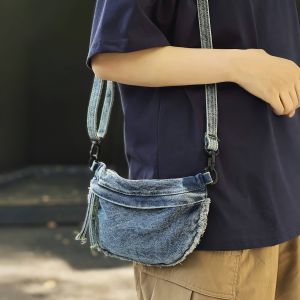 Retro Washed Denim Crossbody Bag Women Casual Artistic Small Phone Bag Single Shoulder Sling Bag Soft Polyester Lining