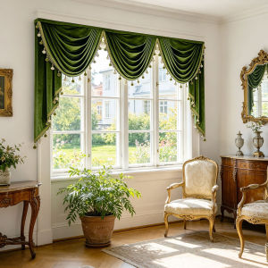 Vintage Dark Green Velvet Swag Valance Tassel Bead Trim Window Pelmet Luxury Decorative Curtain Topper for Villa Bay Window