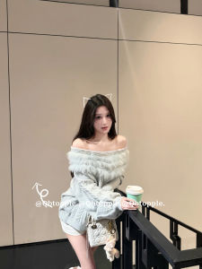 Blue Thickened Long Sleeve Shoulder Bared Sweater Womens Autumn Winter Korean Style Loose Slimming Outerwear Knitted Top