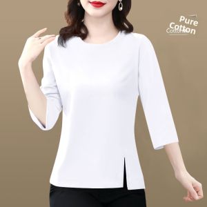 Pure Cotton 3/4 Sleeve T-Shirt Womens Summer Fashion Moms plus Size round Neck Print Top Lightweight Loose Fit