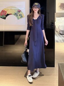 French Style Long Sleeve Dress Women Spring Autumn New Design Lace Splicing Slimming Inner Wear Bodycon Long Dress