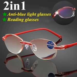 🔥B.two👍 Reading Glasses Frameless Diamond Trimming Presbyopic Glasses Anti Blue Super Light Reading Glasses