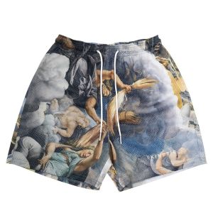 Kinetic Fashion Print Mesh Sports Shorts Mens American Retro Street Loose Casual Quick Dry Four-Quarter Pants Breathable Wear