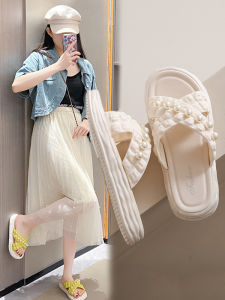 Womens Summer 2025 Fashionable Flat Sandals Pearl Chain Beachwear Outerwear Sweet Style PVC Material Slip-On Slippers