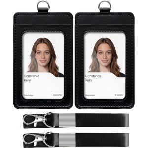 2 Pack ID Badge Holder with Lanyard PU Leather Lanyards for ID Card Badges Vertical for Work School IDs Cruise Ship Cards