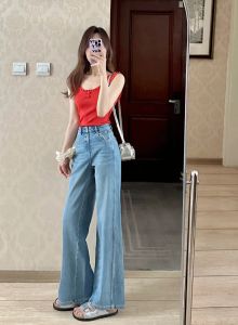 Quần Jeans Denim Ống Loe Phong Cách Pháp Cổ Điển Mỏng Mùa Hè Cho Nữ Quần Dài Dài Đến Sàn Cạp Cao Màu Xanh Denim