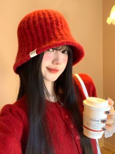 Red Knitted Fisherman Hat Womens Autumn Winter Korean Style Large Head Size Bucket Hat Warm Face Slimming Woolen Cap