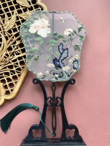 Embroidered Floral round Fan Ancient Style Purple Light Mahogany Hollow Fan Handle Handmade Court Fashion Home Daily Use
