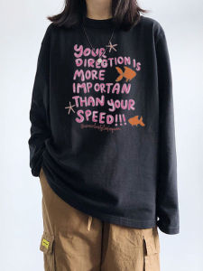 เสื้อยืดแขนสั้นคอตตอนสีดำสำหรับผู้หญิงในช่วงฤดูใบไม้ผลิและฤดูร้อน ทรงหลวม ปกติ ลายพิมพ์ แขนยาว เสื้อชั้นในสำหรับใส่ด้านใน