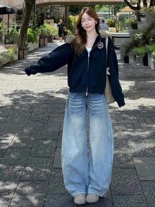 American Style Vintage High Waist Wide Leg Jeans Womens Loose Straight Cut Jeans Autumn Season Fashion Ladies Denim Pants