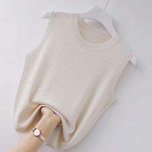 Summer New round Neck Ice Silk Thin Knitted Vest Womens Wide Shoulder Strap All-Match Sleeveless Pure Color Outerwear Top