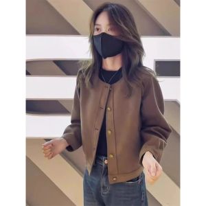 WANGGONGZHU | Stylish Short Casual Round Neck Coat For Women In Brown Color Spring Autumn New Arrival Loose Fit Plus Size Princess Style