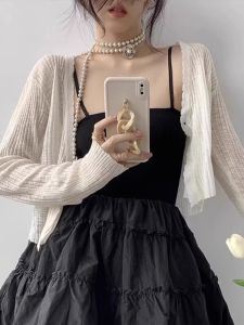 Linen Ice Silk Knitted Sun Protection Short Cardigan Womens Top French Style Small Cannon Shoulder Gown with Sling Skirt