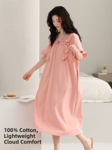 Miiow | Pure Cotton Summer Sleep Dress Womens Loose Fit Short Sleeve Cloud Feeling Breathable Dress Ladies Nightgown Home Clothes