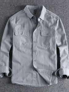 Mens Pure Cotton Work Shirt Long Sleeve Anti-Scald Wear Resistant Construction Site Welder Workwear Spring Autumn Vintage Double Pocket Jacket Top