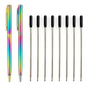 2Pcs Rainbow Iridescent Colorful Metal Ballpoint Pen with 8 Refills Set 0.7mm Fine Point Black Ink Fashionable Gift Stationery