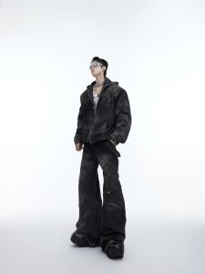 Heavy Duty Deconstructed Vintage Denim Jacket Hooded Set with Metal Embellishments Mens Loose Fit Autumn Winter Casual Wear