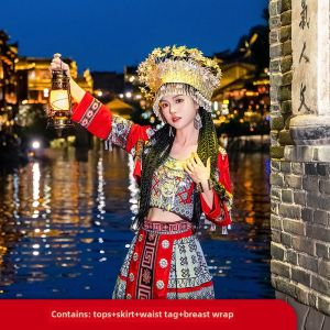 Miao Clothing Female Minority Ethnic Clothes Adult Xiangxi Hmong Village Photo Trip Shoot Suspender Dress Stage Costume