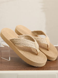 รองเท้าแตะพื้นผ้าลินินสำหรับผู้หญิงในช่วงฤดูร้อน พื้นยางแบบสวมสบาย สไตล์เกาหลี รองเท้าแตะชายหาดแฟชั่น