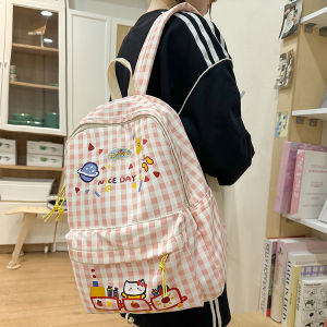 กระเป๋าเป้สะพายหลังผ้าไนลอนน้ำหนักเบาลายสก็อตสีชมพูสไตล์ญี่ปุ่นสำหรับนักเรียนมัธยมต้นและมัธยมปลาย กระเป๋าเป้สะพายหลังแบบมีซิปปิด