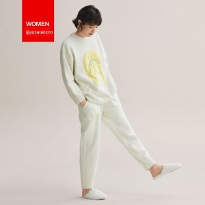 HODO | ชุดนอนผ้าขนแกะสีชมพูคอตตอน 2 ชิ้น แขนยาว ทรงหลวม สำหรับคู่รัก ฤดูใบไม้ร่วง/ฤดูหนาว ชุดอยู่บ้านแบบสวมหัว