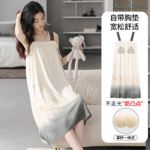 Pure Cotton Summer Sleep Dress Womens Miniature Gown with Chest Pad Cartoon Print Sleepwear Comfortable Breathable Midi Dress