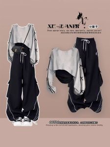 Spring Autumn New Womens Fashionable Sweaty Pants Set Long Sleeve round Neck Casual Comfortable Three Piece Suit