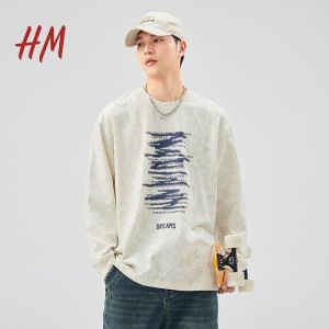 Retro Tie Dye Long Sleeve Mens T-shirt Spring Autumn Style American Design Inner Wear Youth Fashion Standard Fit round Neck