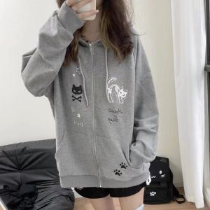 Kawaii Cat Ear Long Sleeve Zipper Jacket Top Womens Autumn Winter Fashion Cute Homegirl Subculture Anime Style T-shirt