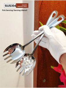 Restaurant Grade 304 Stainless Steel Serving Spoon Fish Fork Integrated Design Buffet Dining Hall Public Utensils Long Handle