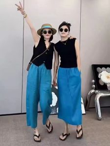 Retro Blue Cotton and Linen Trousers Womens Summer Thin New Straight High Waist Petite Ninth Casual Loose Pants Children