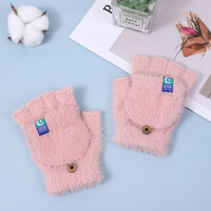 Winter Fluffy Women Gloves Hiking Convertible Flip-Top Mittens Students Writing Warm Office Typing Lady Half-Finger Knit Gloves