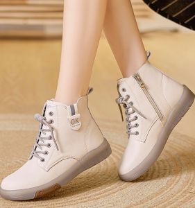 Giày Bốt Martin Da Lót Lông Cừu Thường Ngày Đế Phẳng Cao Đến Mắt Cá Chân Khóa Kéo Bên Hông Mùa Thu Đông Phong Cách Mới Cho Nữ