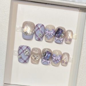10Pcs Purple Grids False Nails Pearl Zircon Square Fake Nails Press On Nails Ins Style Heart Design for Party Wedding Wearing