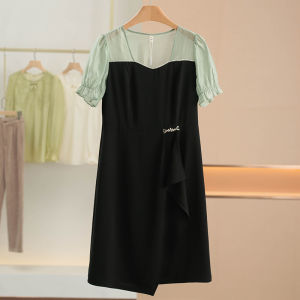 Váy Ngắn Tay Xếp Nếp Xking Màu Sắc Đan Xen Cạp Cao Thanh Lịch Mùa Hè 2025 Váy Nữ Thời Trang Polyester