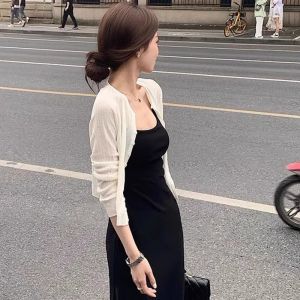 Áo Len Dệt Kim Mỏng Kiểu Pháp Bằng Lụa Băng Mùa Hè Cho Nữ Áo Khoác Cardigan Hở Áo Khoác Ngoài Váy Dây Áo Khoác Ngoài Áo Choàng