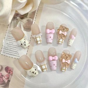 10 ชิ้น งานทำมือแท้ รูปทรงโลงศพ สำหรับตกแต่งเล็บ เล็บปลอมสำหรับงานศิลปะบนเล็บ ลายหมีเท็ดดี้สุดน่ารักและโรแมนติก เหมาะสำหรับผู้หญิง